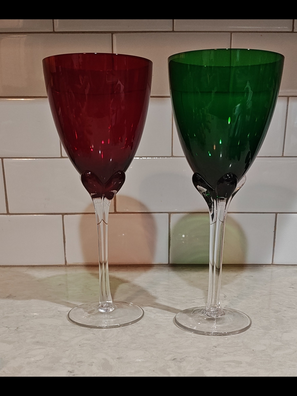 Pair Murano emerald green And Red art glass wine goblets With A Tulip petal stem